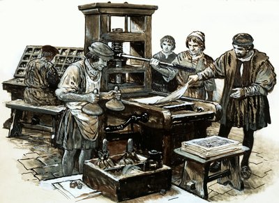 Die dritte Druckerpresse in England wurde 1480 in St. Albans eingerichtet (Gouache auf Papier) von English School