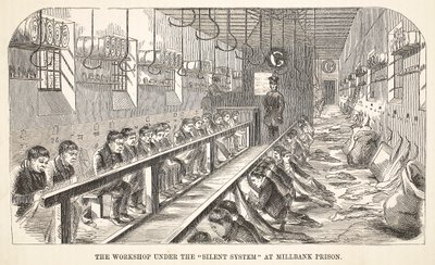 Die Werkstatt unter dem Silent System im Millbank-Gefängnis, Illustration aus The Criminal Prisons of London and Scenes from Prison Life von Henry Mayhew und John Binny, veröffentlicht 1862 von English School