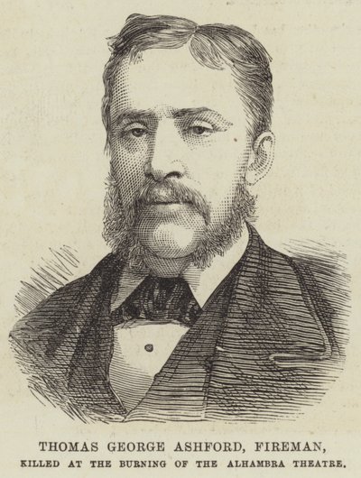 Thomas George Ashford, Feuerwehrmann, getötet beim Brand des Alhambra-Theaters (Gravur) von English School
