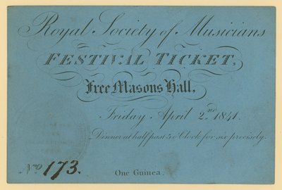 Ticket für das Festival der Royal Society of Musicians, Freimaurerhalle von English School