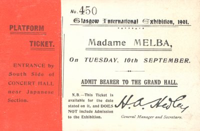 Eintrittskarte für Nellie Melba bei der Glasgow International Exhibition, 1901 von English School