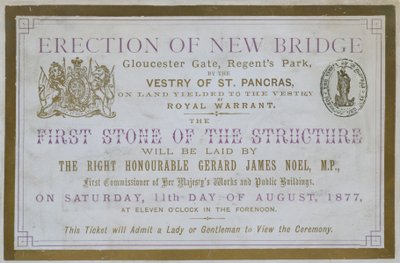 Ticket zur Grundsteinlegung an der neuen Brücke, Gloucester Gate, Regents Park, London von English School
