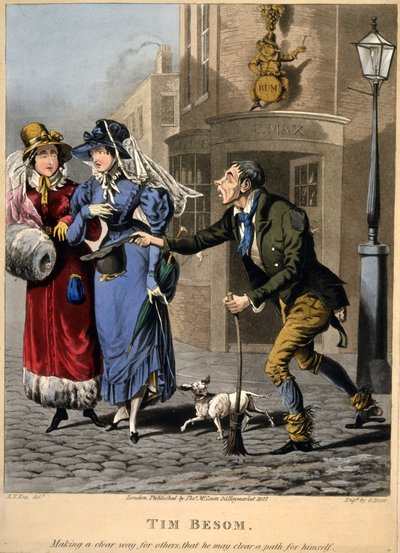 Tim Besom - macht einen klaren Weg für andere, damit er einen Pfad für sich selbst freimachen kann. Graviert von G. Hunt, veröffentlicht von Thos. McLean, London, 1827 (handkolorierte Gravur) von English School