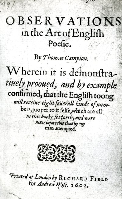 Titelseite für Observations in the Art of English Poesie von Thomas Campion, veröffentlicht 1602 von English School