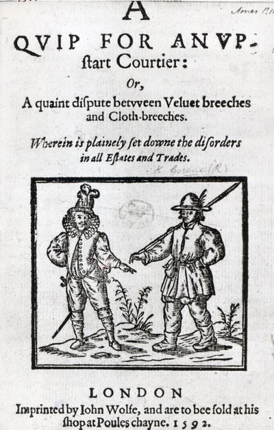 Titelblatt für A Quip for an Upstart Courtier von Robert Greene, 1592 von English School