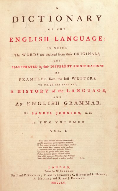 Titelseite von Johnsons Wörterbuch der menschlichen Sprache, London, 1755 von English School