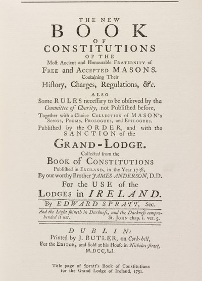 Titelseite von Spratts Buch der Konstitutionen für die Großloge in Irland, 1751 von English School