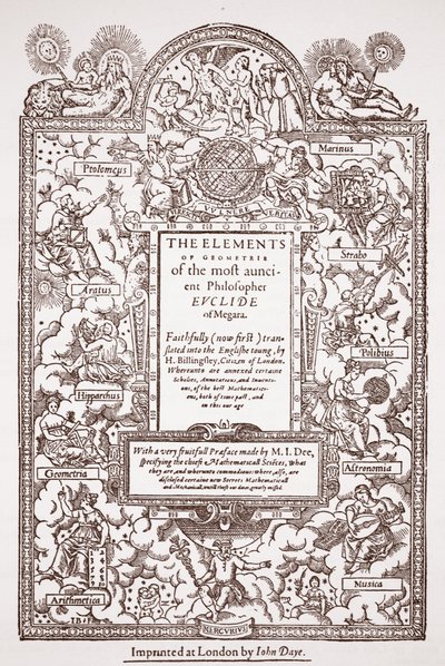 Titelseite der frühen Übersetzung von Euklids Elementen, gedruckt von John Day, London, 1570-71 von English School
