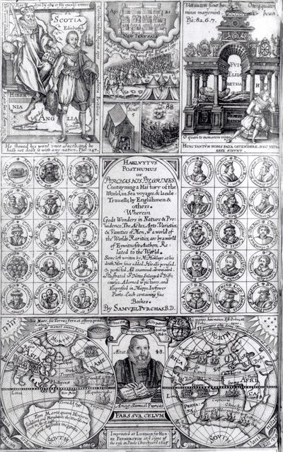 Titelseite der ersten Ausgabe von Hakluytus Posthumus or Purchas His Pilgrimes, veröffentlicht 1625 von English School