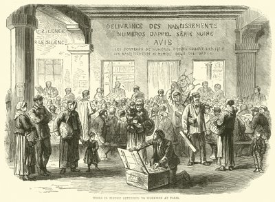 Werkzeuge an Arbeiter in Paris zurückgegeben, Dezember 1870 von English School