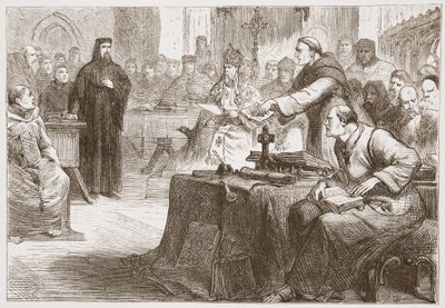 Prozess gegen Wicliffe, Illustration aus Die Geschichte des Protestantismus von James Aitken Wylie, veröffentlicht 1878 von English School