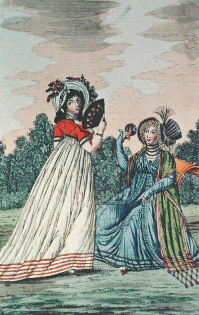 Zwei modische Damen in einem Garten, ca. 1800 (Farbstich) von English School