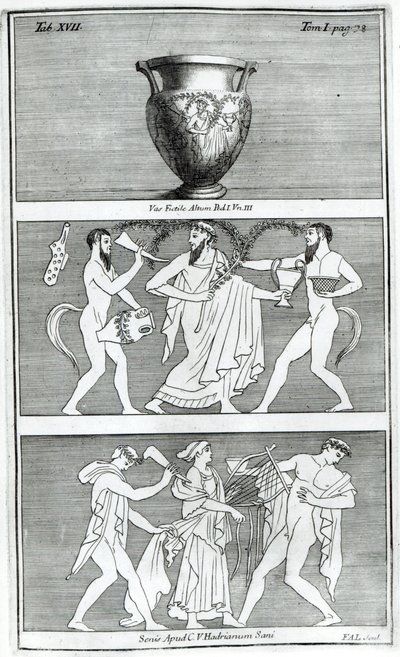 Zwei Szenen von einer etruskischen Vase (Gravur) von English School