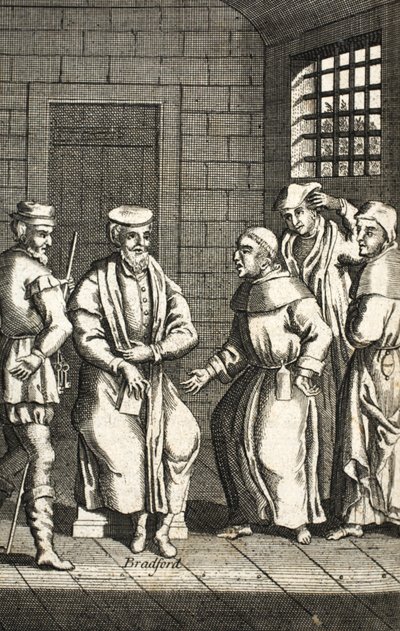Zwei spanische Mönche sprechen mit Mr. Bradford, Illustration aus Foxes Märtyrer, ca. 1703 von English School