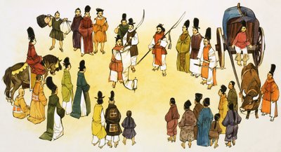 Unbekannte Szene eines japanischen Stadtschreiers, der eine Ankündigung an die Menge macht von English School