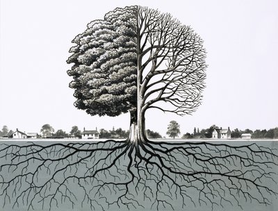 Unidentifizierter Baum, zeigt zur Hälfte ohne Blätter und Wurzelsystem von English School