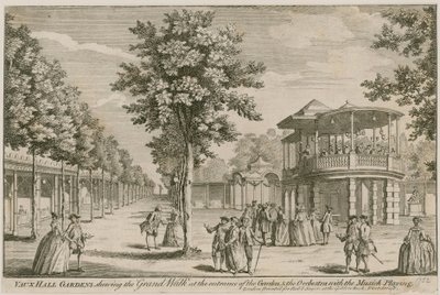 Vauxhall-Gärten, London, zeigt den Grand Walk am Eingang des Gartens und das Orchester, mit Musik von English School
