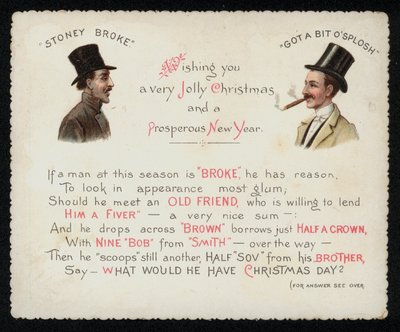 Vers, der Männern rät, die pleite sind, ihre reichen Freunde zu Weihnachten aufzusuchen, um Geld zu leihen, Grußkarte von English School