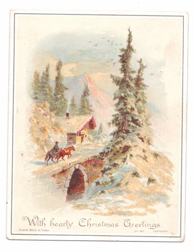 Viktorianische Weihnachtskarte mit einem Mann und zwei Pferden, die eine Brücke überqueren, ca. 1880 von English School