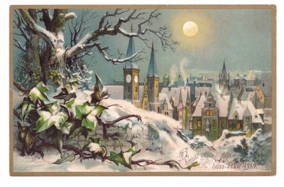 Viktorianische Neujahrskarte von einer Kirche und Häusern in einer verschneiten Mondnacht, ca. 1880 von English School