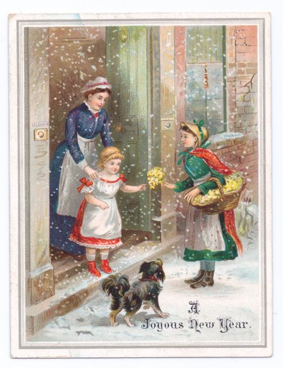 Viktorianische Neujahrskarte mit einem Dienstmädchen, das ein kleines Mädchen festhält, während sie Blumen von einem Blumenverkäufer im fallenden Schnee kauft, ca. 1880 von English School