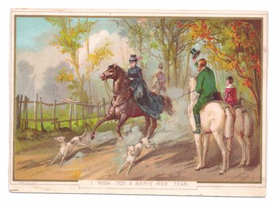 Viktorianische Neujahrskarte einer Frau zu Pferd mit zwei Hunden, die von einem anderen Paar begrüßt wird, ca. 1880 (Farblithographie) von English School