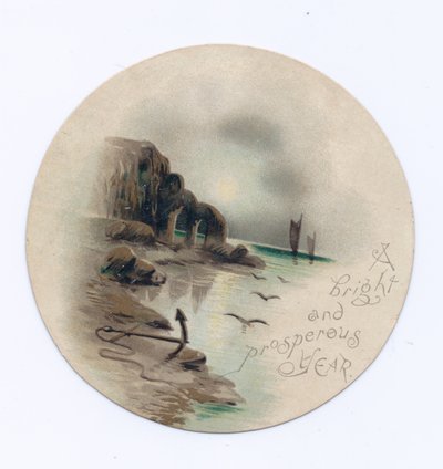 Viktorianische Neujahrskarte mit einer Meereslandschaft und zwei Yachten bei Mondschein, ca. 1880 von English School