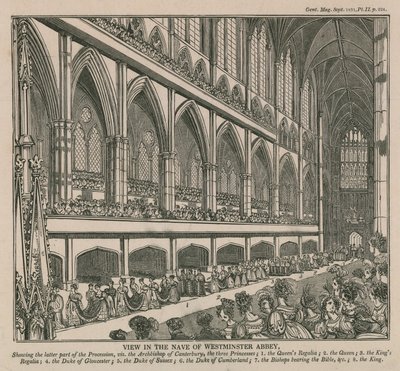 Ansicht im Kirchenschiff der Westminster Abbey während der Krönung von König Wilhelm IV. und Königin Adelaide von English School