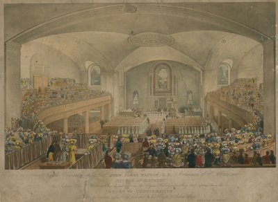 Ansicht der Hackney-Kirche von der Orgelgalerie im Mai 1827 von English School