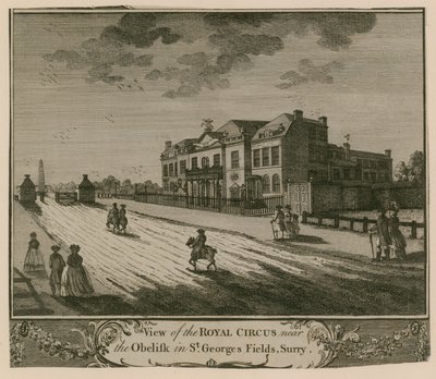 Ansicht des Royal Circus nahe dem Obelisken in St. Georges Fields, Surrey von English School