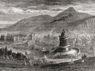 Blick über Edinburgh vom Burns Monument auf dem Calton Hill, aus 