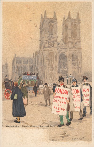 Westminster Abbey, London, Sandwichmann, Junge im blauen Mantel von English School