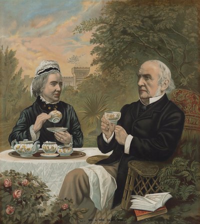 William Ewart Gladstone, britischer liberaler Politiker und Premierminister, trinkt Tee mit seiner Frau Harriet, 1891 von English School