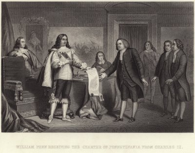 William Penn erhält die Charta von Pennsylvania von Charles II von English School