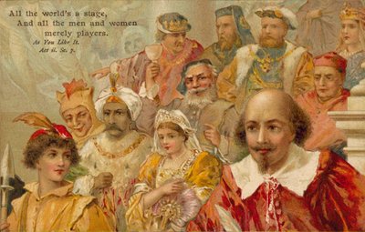 William Shakespeare mit einigen seiner Charaktere von English School