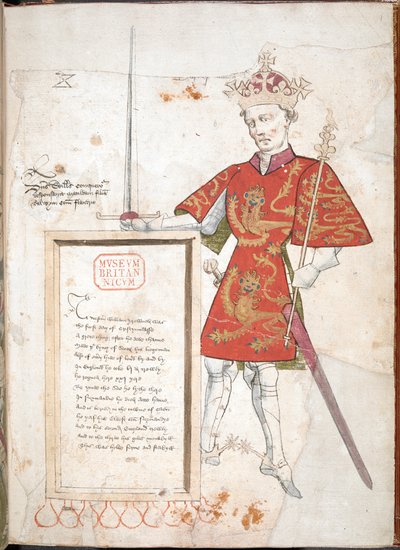 Wilhelm der Eroberer, ein englischer König in Rüstung und Wappenrock, präsentiert eine Tafel mit Versen (Pergament) von English School