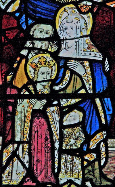 Fenster Ew zeigt St. Anna, Joachim, die Jungfrau Maria und das Christkind von English School