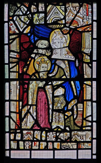 Fenster Ew zeigt St. Anna, Joachim, die Jungfrau Maria und das Christkind von English School