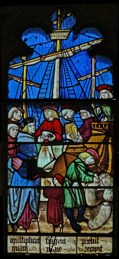 Fenster SaEw, Szene aus einer Legende des Heiligen Nikolaus: Die Getreideschiffe entladen in Myra von English School