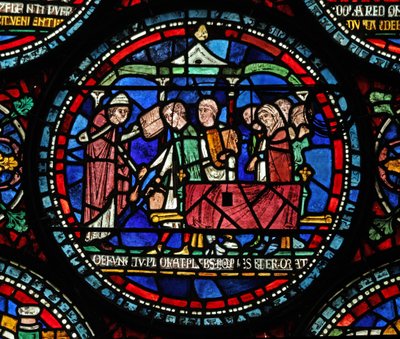 Fenster s6, Szene aus einem St. Thomas Becket Wunderfenster: Beerdigung von Gilbert de Brun (?) von English School