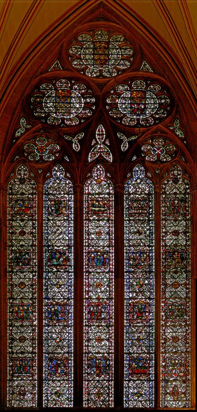 Fenster w57, Darstellung des Kapitelsaals Ostfenster: Kindheit Christi: Tod der Jungfrau von English School