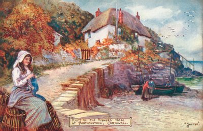 Frau strickt Fischerstrümpfe, Porthoustock, Cornwall von English School