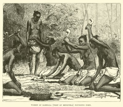 Frauen von Kambala (westlich von Benguela) beim Maisstampfen von English School