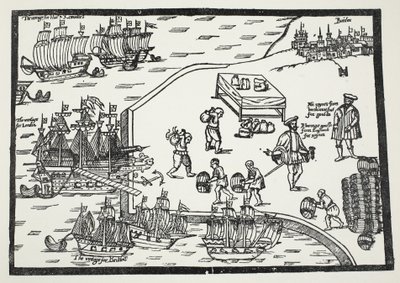 Holzschnitt, der den Weinhandel zwischen Bordeaux und England illustriert von English School