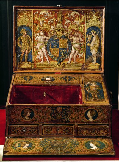 Schreibkasten oder Tischschreibtisch, wahrscheinlich bemalt von Lucas Hornebolte (ca. 1492-1544) ca. 1525-27 von English School