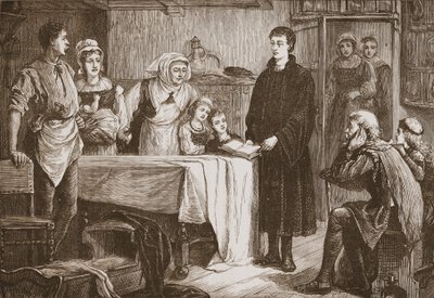 Junger Calvin, der der Familie in Bourges die Bibel erklärt, Illustration aus Die Geschichte des Protestantismus von James Aitken Wylie, veröffentlicht 1878 von English School