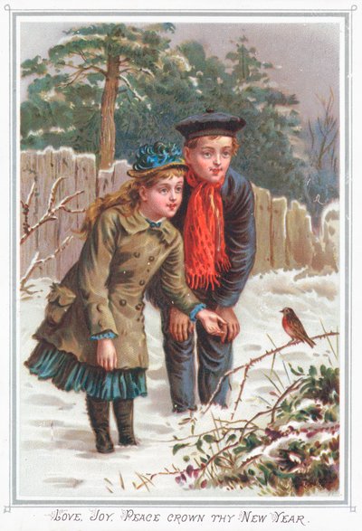 Junges Paar schaut auf Rotkehlchen, Neujahrskarte von English School