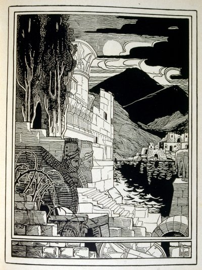 Die Ruinen von Sodom, aus dem Buch Juda illustriert von Ephraim Moses Lilien (1874-1925). Lilien gilt als Vater der zionistischen Ikonographie, geschaffen im Jugendstil. Er illustrierte 