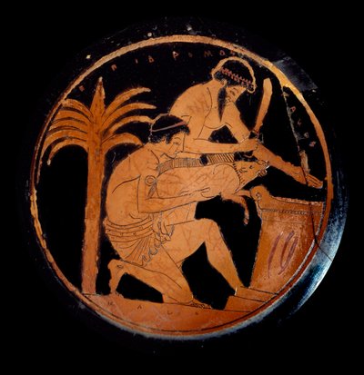 Griechische Kunst: Schale mit roten Figuren in Keramik, Medaillon: Opferung eines Schweins auf einem Altar während eines religiösen Ritus. Gefertigt vom Maler von Epidromos. 500 v. Chr. Paris, Louvre Museum von Epidromos Painter