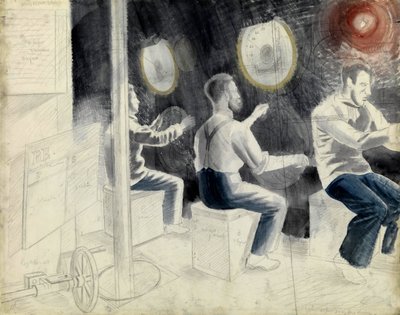 Der Tauchkontrollraum während des Tauchgangs des U-Boots. Bleistiftserie von Eric Ravilious (1903-1942), an Bord eines U-Boots während des Zweiten Weltkriegs (1939-1945) von Eric Ravilious